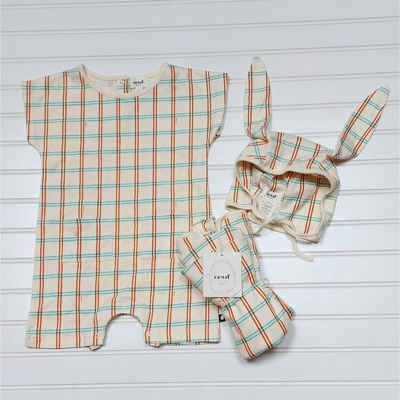 NWT Oeuf Baby Square Gardenia Cream Check Print Romper, Bunny Hat